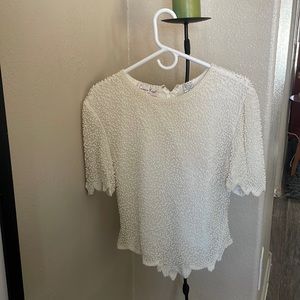 Laurence Kazar Vintage Pearl White Beaded Blouse